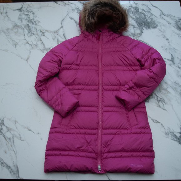 Marmot Jackets & Coats Marmot Girls Pink Long Down Coat Fur Trimmed Kids Montreaux Ii Coat